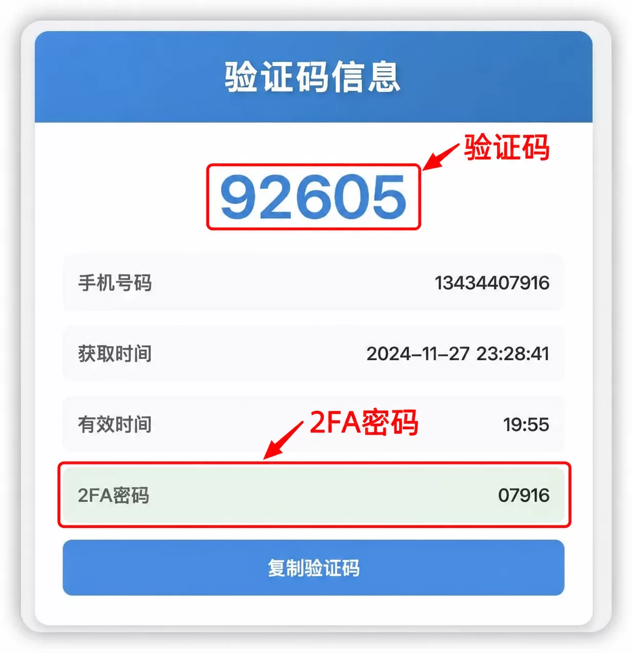 已标注验证码和 2FA 密码的验证码查询页面