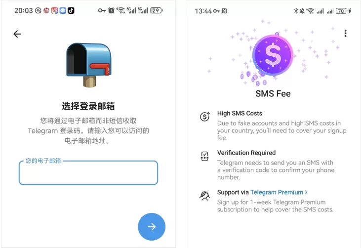 Telegram 提示绑定邮箱与 SMS 短信费示例